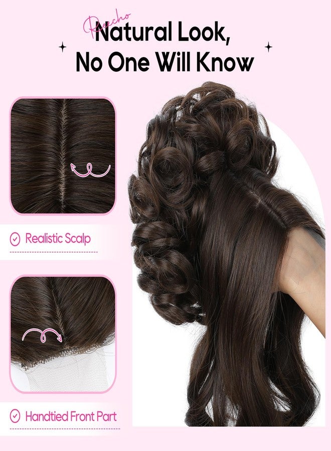 REECHO Messy Bun Hair Piece with Bangs - 2-in-1 Hair Bun Hairpieces Curly Updo Wig & Hair Topper with Long Side Bangs Natural-Looking Drawstring Ponytail Extension for Women - Black Brown - Image 4
